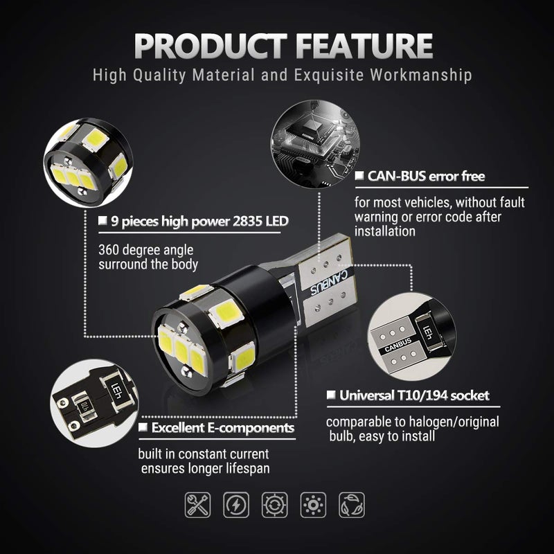 Antline 194 168 2825 W5W T10 LED Bulbs Xenon White, Ultra Bright Error Free 9-SMD 2835 Chipsets 6000K Replacement for Car Interior Dome Map Door Courtesy License Plate Lights (Pack of 10) - Image 3